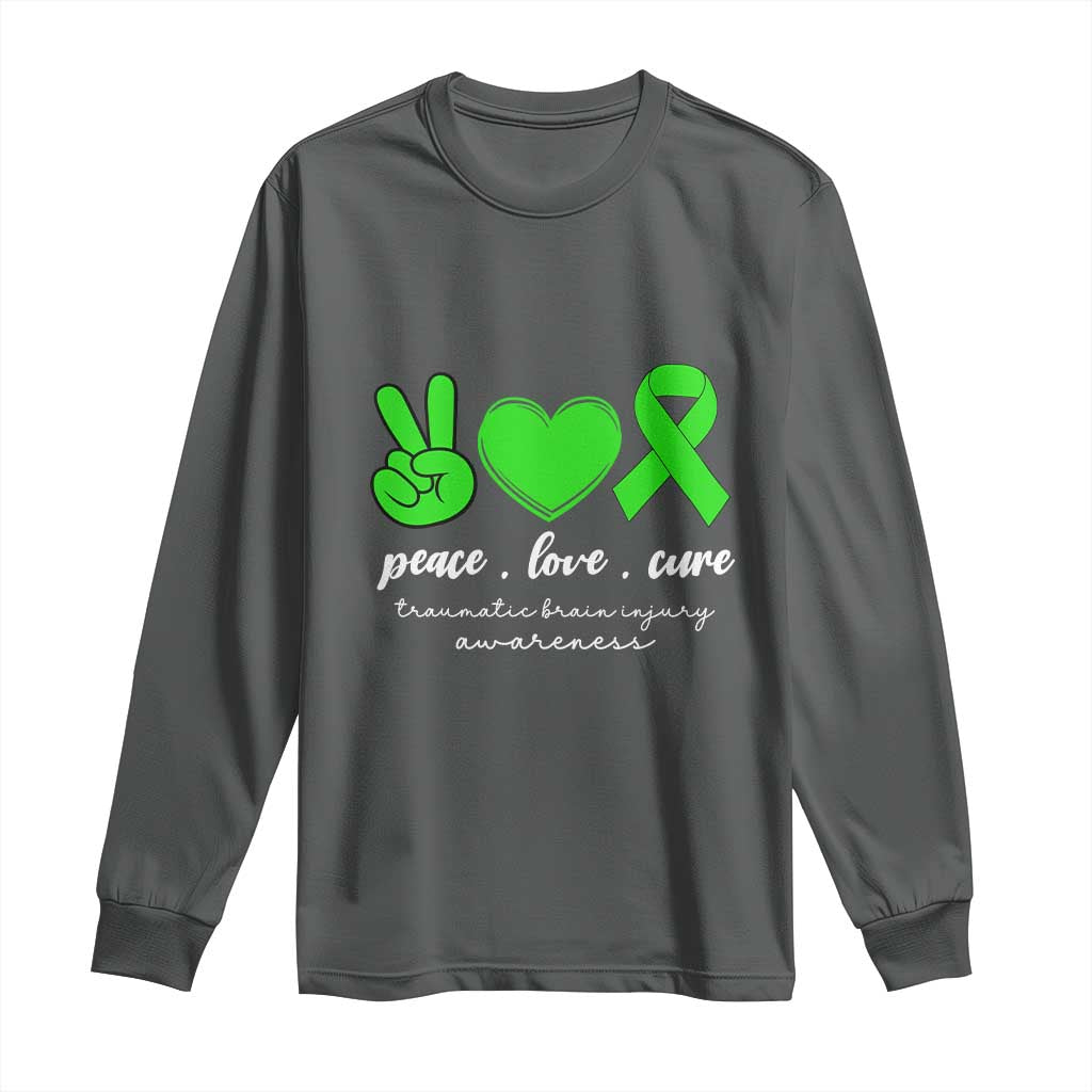 Traumatic Brain Injury Awareness Long Sleeve Shirt Peace Love Cure TBI Warrior TS02 Dark Heather Print Your Wear