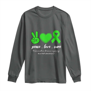 Traumatic Brain Injury Awareness Long Sleeve Shirt Peace Love Cure TBI Warrior TS02 Dark Heather Print Your Wear