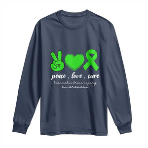 Traumatic Brain Injury Awareness Long Sleeve Shirt Peace Love Cure TBI Warrior TS02 Navy Print Your Wear