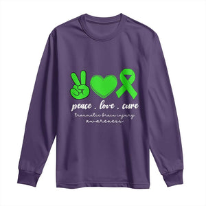 Traumatic Brain Injury Awareness Long Sleeve Shirt Peace Love Cure TBI Warrior TS02 Purple Print Your Wear