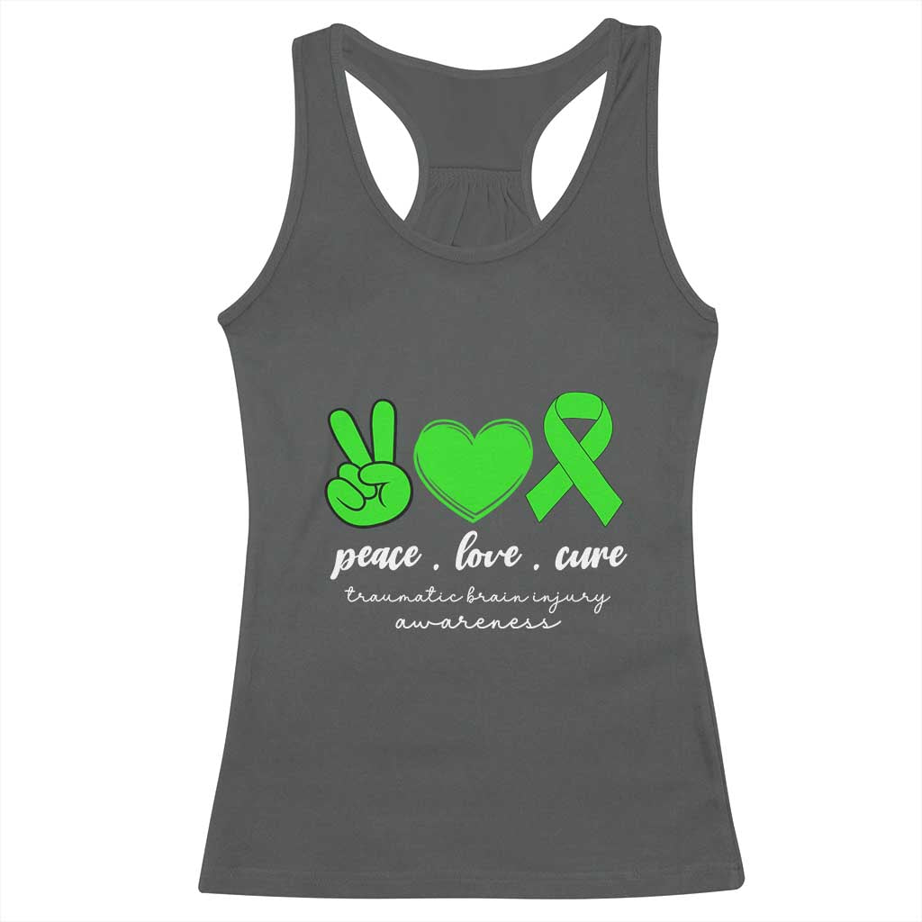Traumatic Brain Injury Awareness Racerback Tank Top Peace Love Cure TBI Warrior TS02 Dark Heather Print Your Wear