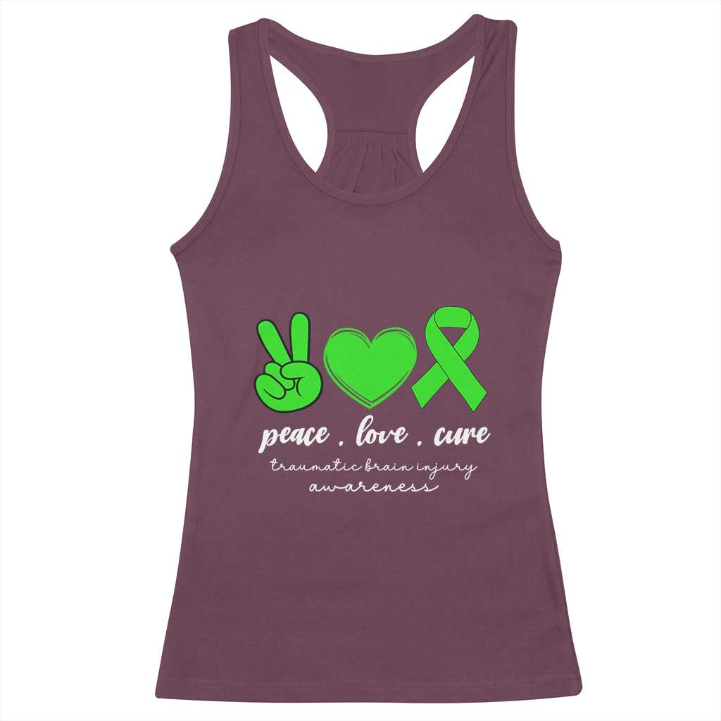 Traumatic Brain Injury Awareness Racerback Tank Top Peace Love Cure TBI Warrior TS02 Maroon Print Your Wear