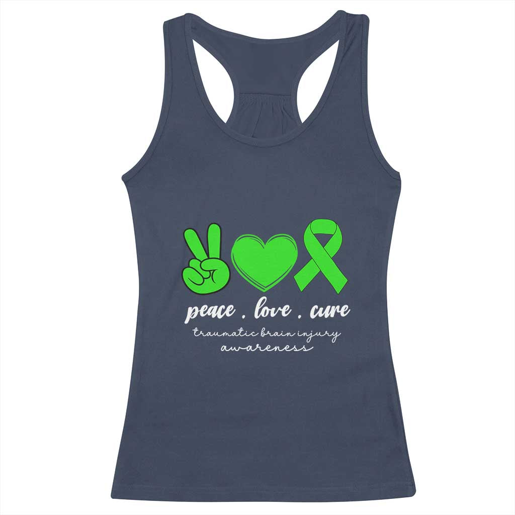 Traumatic Brain Injury Awareness Racerback Tank Top Peace Love Cure TBI Warrior TS02 Navy Print Your Wear