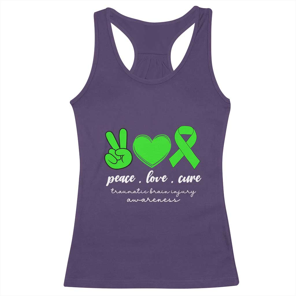 Traumatic Brain Injury Awareness Racerback Tank Top Peace Love Cure TBI Warrior TS02 Purple Print Your Wear