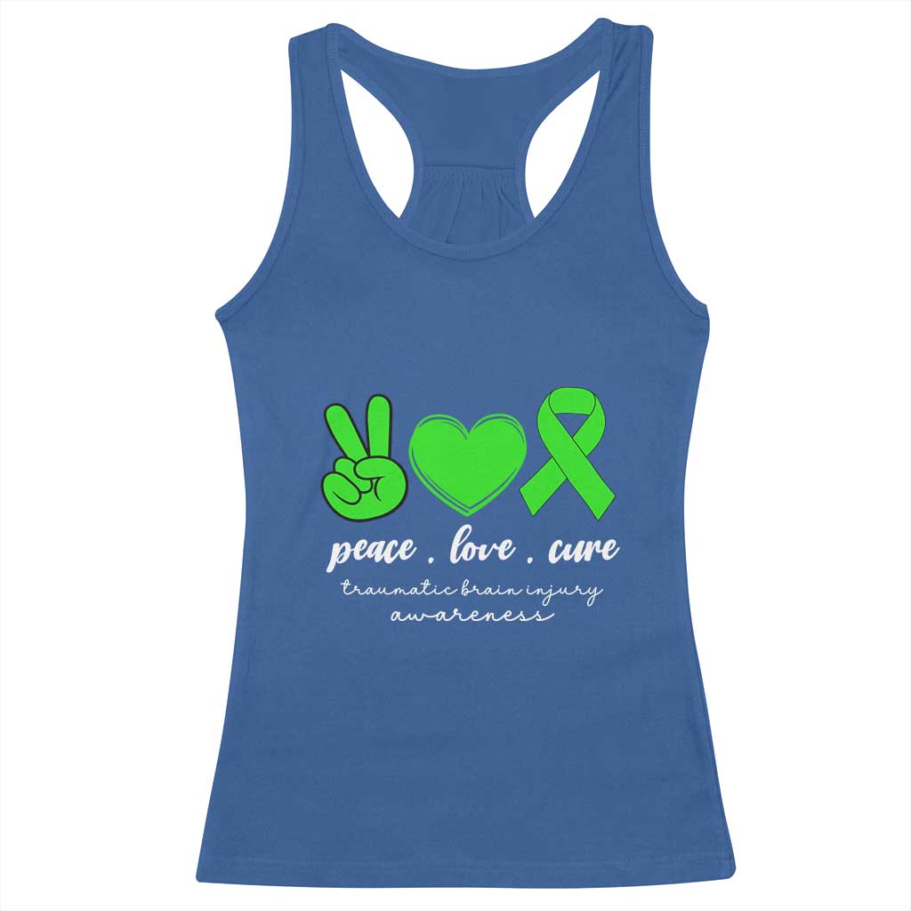 Traumatic Brain Injury Awareness Racerback Tank Top Peace Love Cure TBI Warrior TS02 Royal Blue Print Your Wear