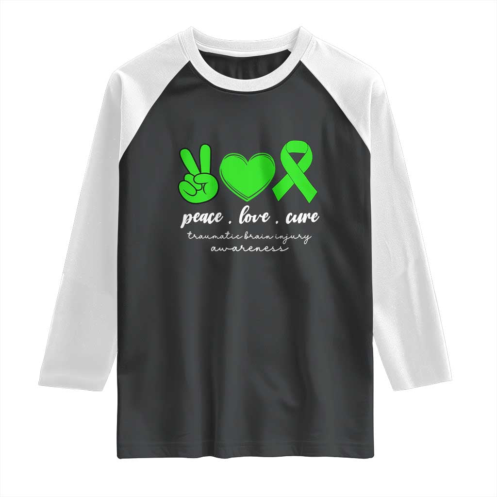 Traumatic Brain Injury Awareness Raglan Shirt Peace Love Cure TBI Warrior TS02 Black White Print Your Wear