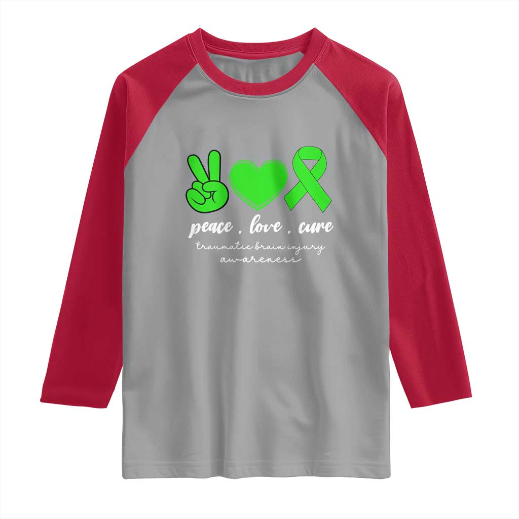 Traumatic Brain Injury Awareness Raglan Shirt Peace Love Cure TBI Warrior TS02 Sport Gray Red Print Your Wear