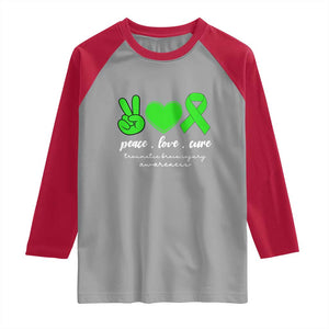 Traumatic Brain Injury Awareness Raglan Shirt Peace Love Cure TBI Warrior TS02 Sport Gray Red Print Your Wear