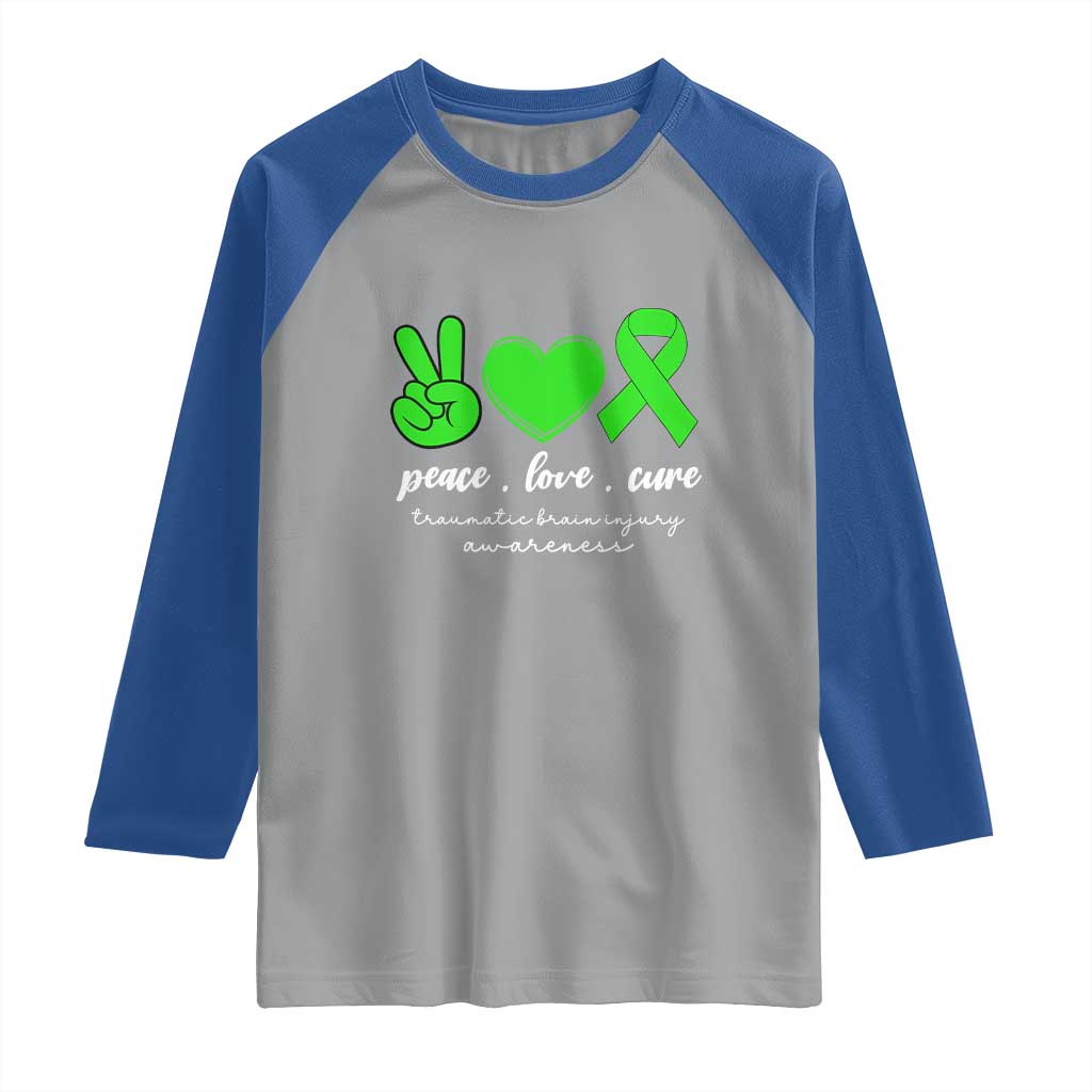 Traumatic Brain Injury Awareness Raglan Shirt Peace Love Cure TBI Warrior TS02 Sport Gray Royal Print Your Wear