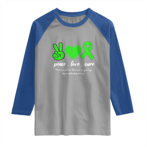 Traumatic Brain Injury Awareness Raglan Shirt Peace Love Cure TBI Warrior TS02 Sport Gray Royal Print Your Wear