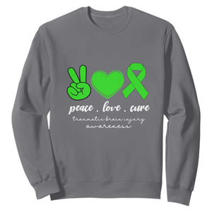 Traumatic Brain Injury Awareness Sweatshirt Peace Love Cure TBI Warrior TS02 Charcoal Print Your Wear
