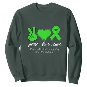 Traumatic Brain Injury Awareness Sweatshirt Peace Love Cure TBI Warrior TS02 Dark Forest Green Print Your Wear