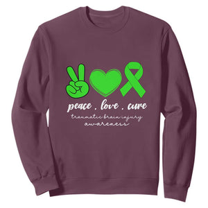 Traumatic Brain Injury Awareness Sweatshirt Peace Love Cure TBI Warrior TS02 Maroon Print Your Wear