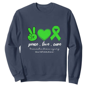 Traumatic Brain Injury Awareness Sweatshirt Peace Love Cure TBI Warrior TS02 Navy Print Your Wear