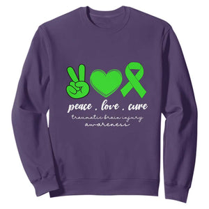 Traumatic Brain Injury Awareness Sweatshirt Peace Love Cure TBI Warrior TS02 Purple Print Your Wear