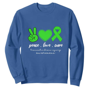 Traumatic Brain Injury Awareness Sweatshirt Peace Love Cure TBI Warrior TS02 Royal Blue Print Your Wear