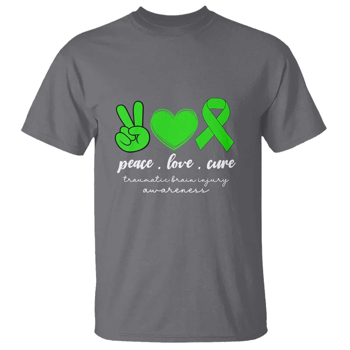 Traumatic Brain Injury Awareness T Shirt Peace Love Cure TBI Warrior TS02 Charcoal Print Your Wear