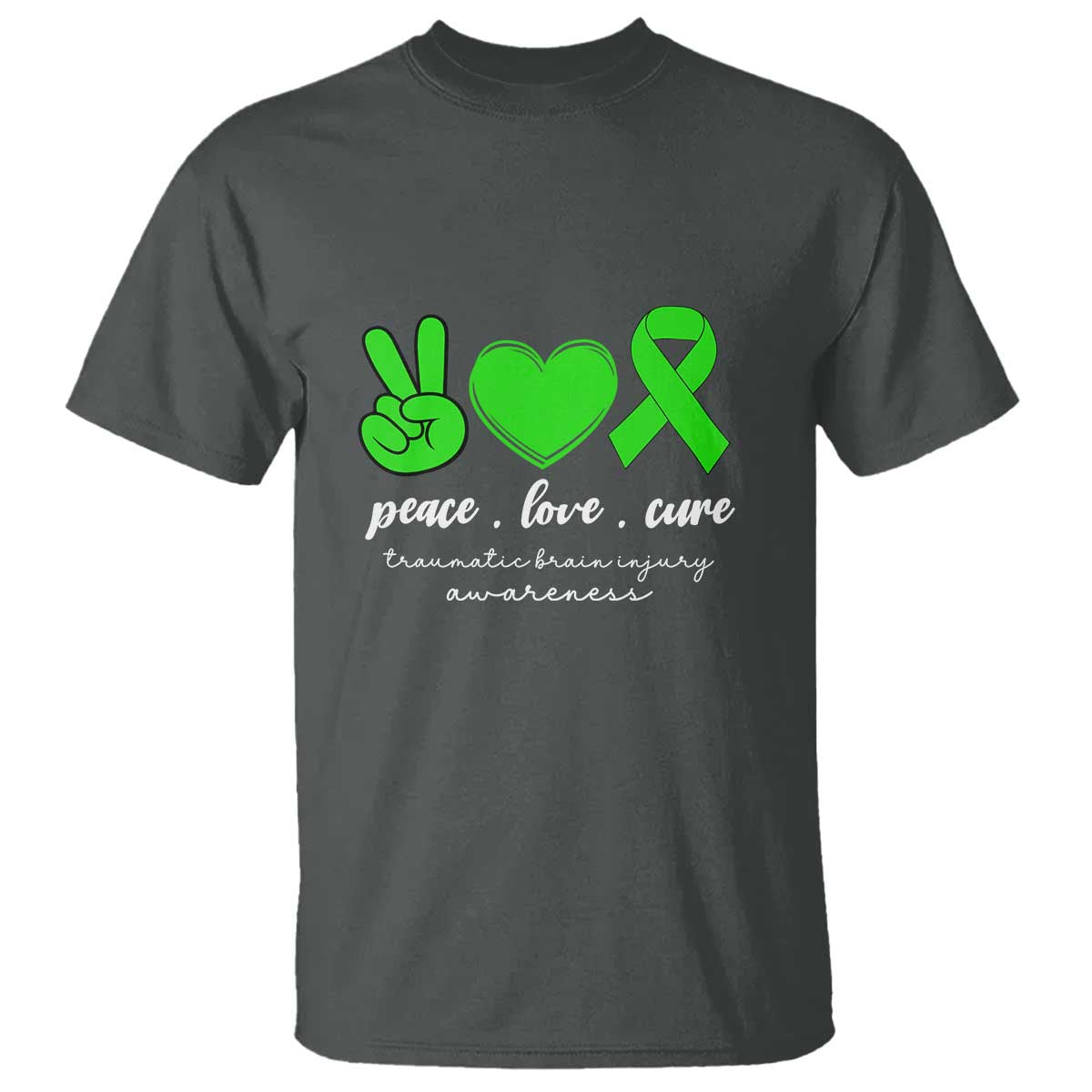 Traumatic Brain Injury Awareness T Shirt Peace Love Cure TBI Warrior TS02 Dark Heather Print Your Wear