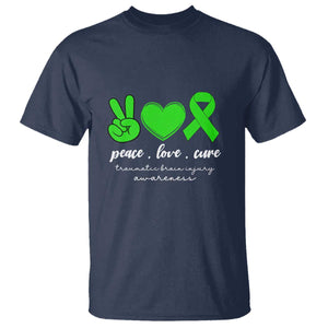 Traumatic Brain Injury Awareness T Shirt Peace Love Cure TBI Warrior TS02 Navy Print Your Wear