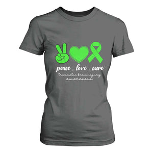 Traumatic Brain Injury Awareness T Shirt For Women Peace Love Cure TBI Warrior TS02 Dark Heather Print Your Wear