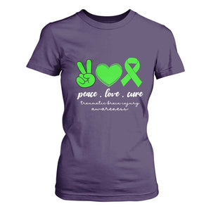 Traumatic Brain Injury Awareness T Shirt For Women Peace Love Cure TBI Warrior TS02 Purple Print Your Wear