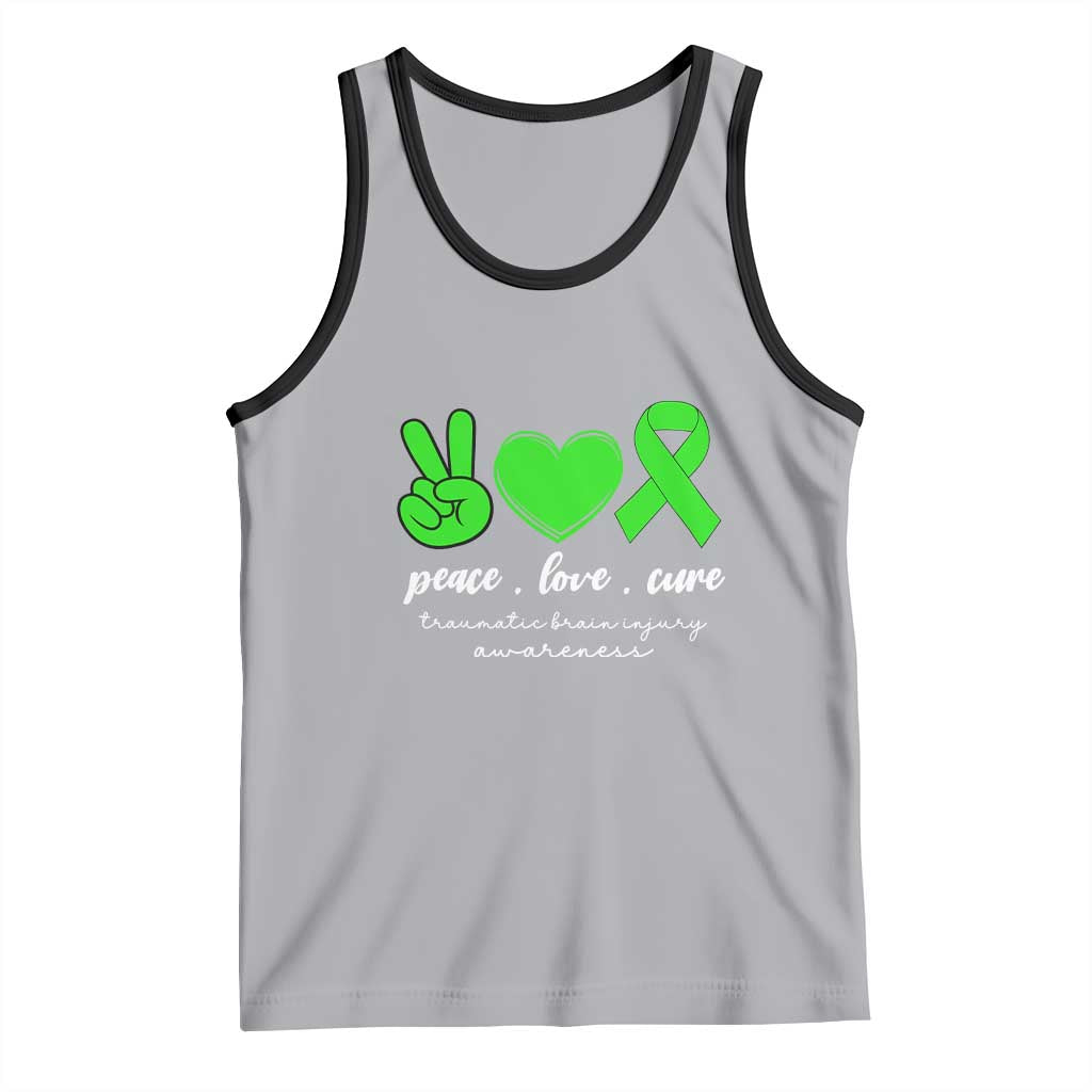 Traumatic Brain Injury Awareness Tank Top Peace Love Cure TBI Warrior TS02 Athletic Heather Black Print Your Wear