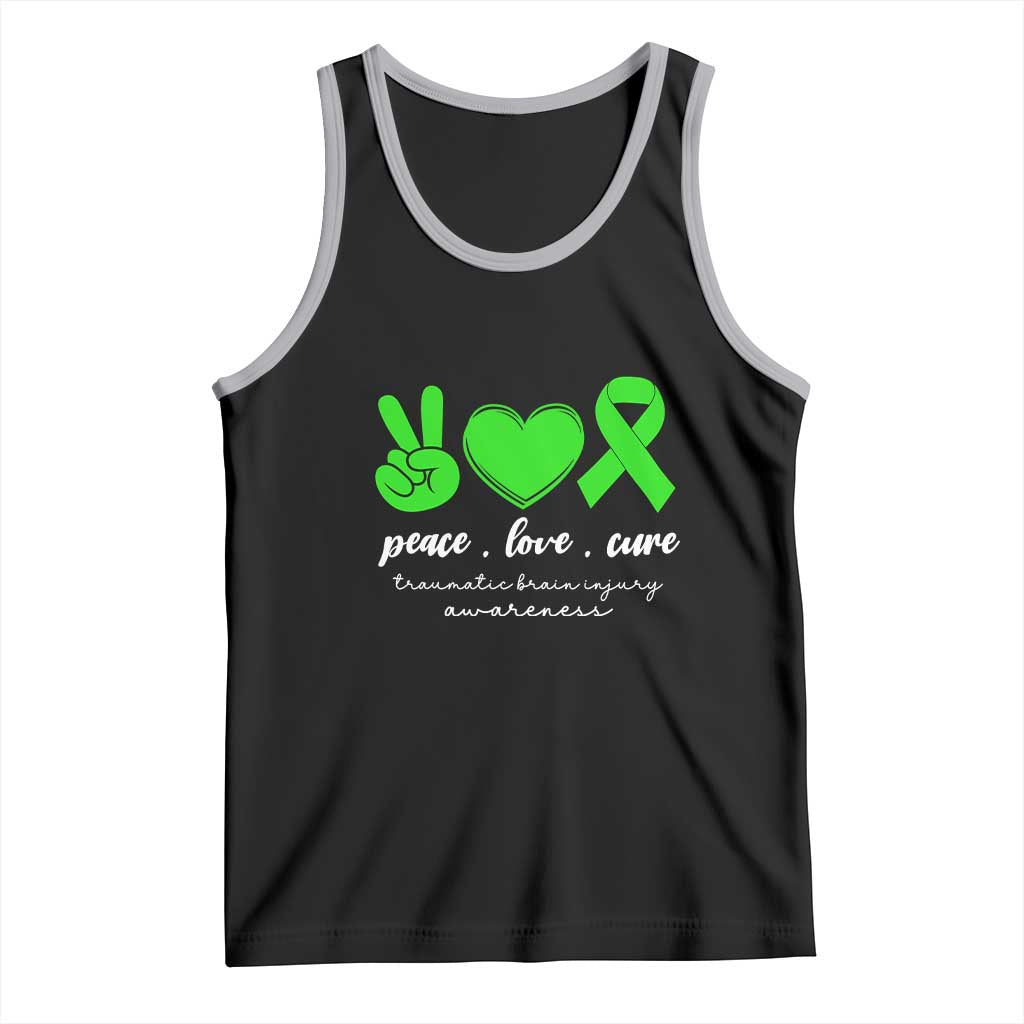 Traumatic Brain Injury Awareness Tank Top Peace Love Cure TBI Warrior TS02 Black Athletic Heather Print Your Wear