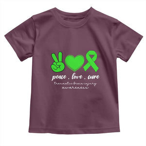 Traumatic Brain Injury Awareness Toddler T Shirt Peace Love Cure TBI Warrior TS02 Maroon Print Your Wear