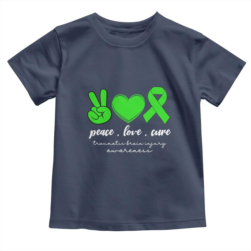 Traumatic Brain Injury Awareness Toddler T Shirt Peace Love Cure TBI Warrior TS02 Navy Print Your Wear