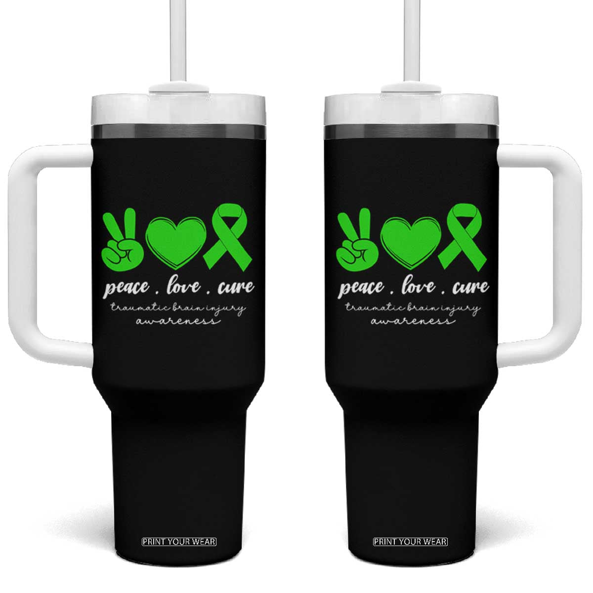 Traumatic Brain Injury Awareness Tumbler With Handle Peace Love Cure TBI Warrior TS02 One Size: 40 oz Black Print Your Wear