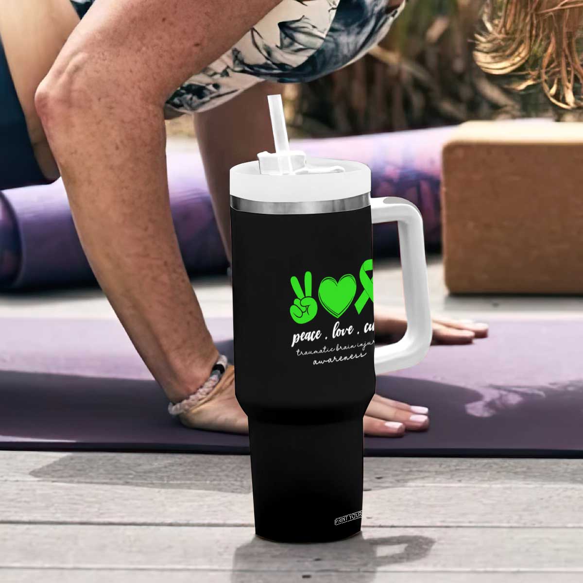 Traumatic Brain Injury Awareness Tumbler With Handle Peace Love Cure TBI Warrior TS02 Print Your Wear