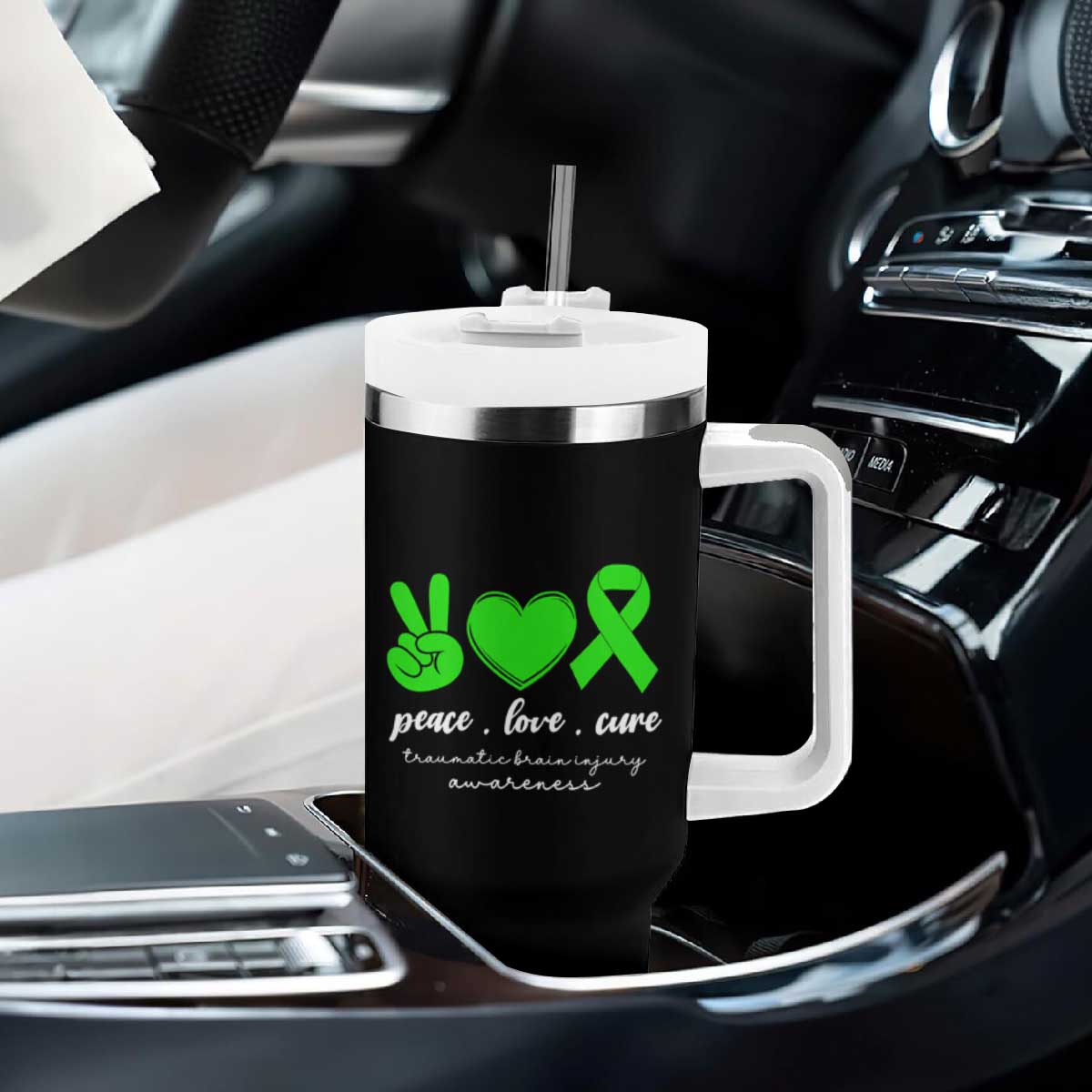 Traumatic Brain Injury Awareness Tumbler With Handle Peace Love Cure TBI Warrior TS02 Print Your Wear