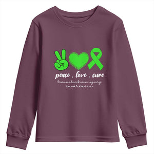 Traumatic Brain Injury Awareness Youth Sweatshirt Peace Love Cure TBI Warrior TS02 Maroon Print Your Wear