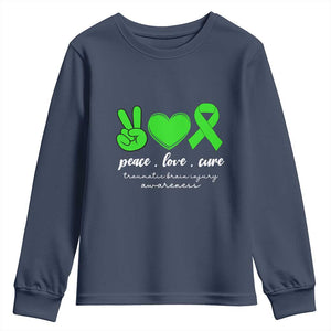 Traumatic Brain Injury Awareness Youth Sweatshirt Peace Love Cure TBI Warrior TS02 Navy Print Your Wear