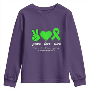 Traumatic Brain Injury Awareness Youth Sweatshirt Peace Love Cure TBI Warrior TS02 Purple Print Your Wear