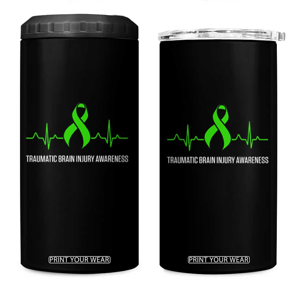 Traumatic Brain Injury Awareness 4 in 1 Can Cooler Tumbler TBI Warrior Heartbeat Green Ribbon TS02 One Size: 16 oz Black Print Your Wear