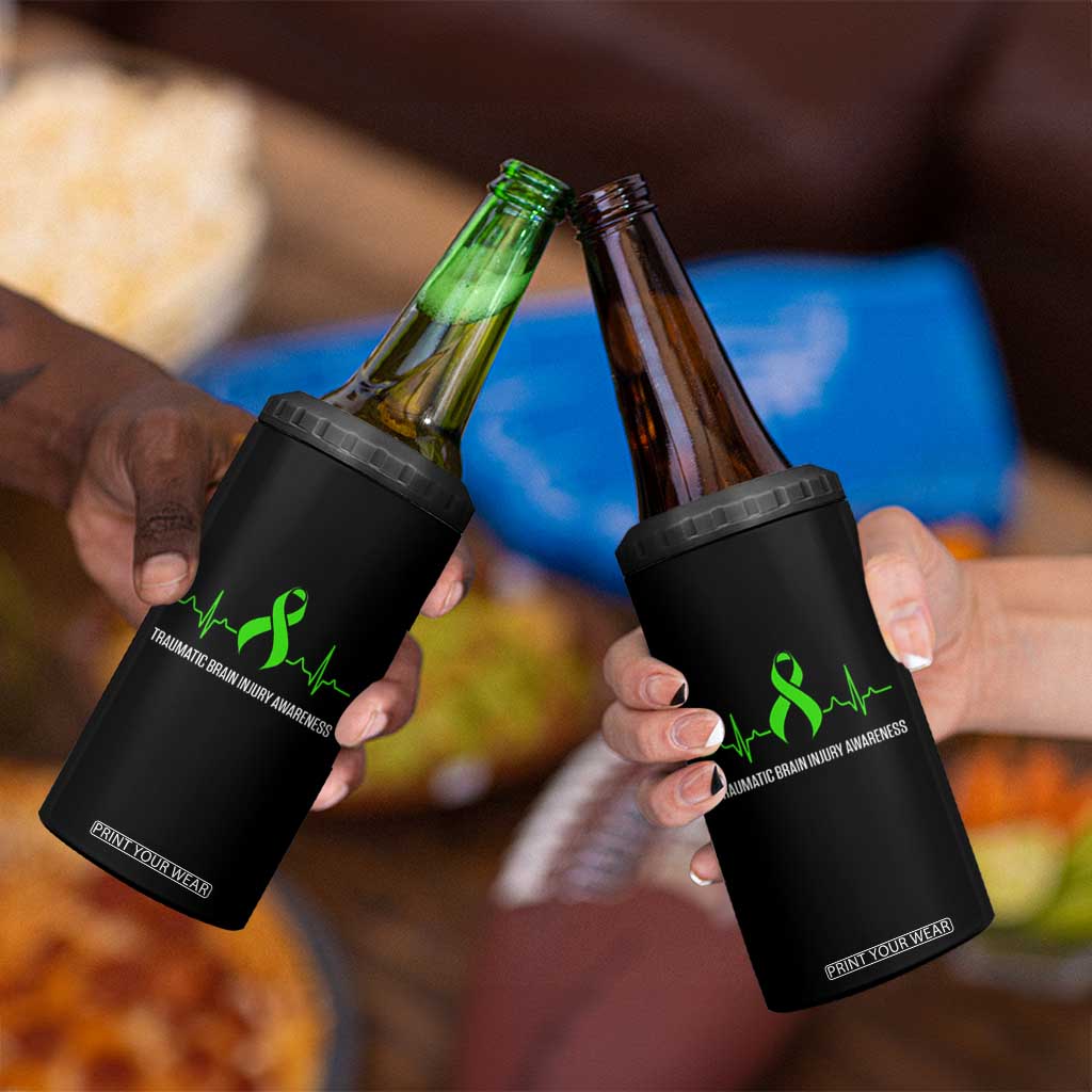 Traumatic Brain Injury Awareness 4 in 1 Can Cooler Tumbler TBI Warrior Heartbeat Green Ribbon TS02 Print Your Wear