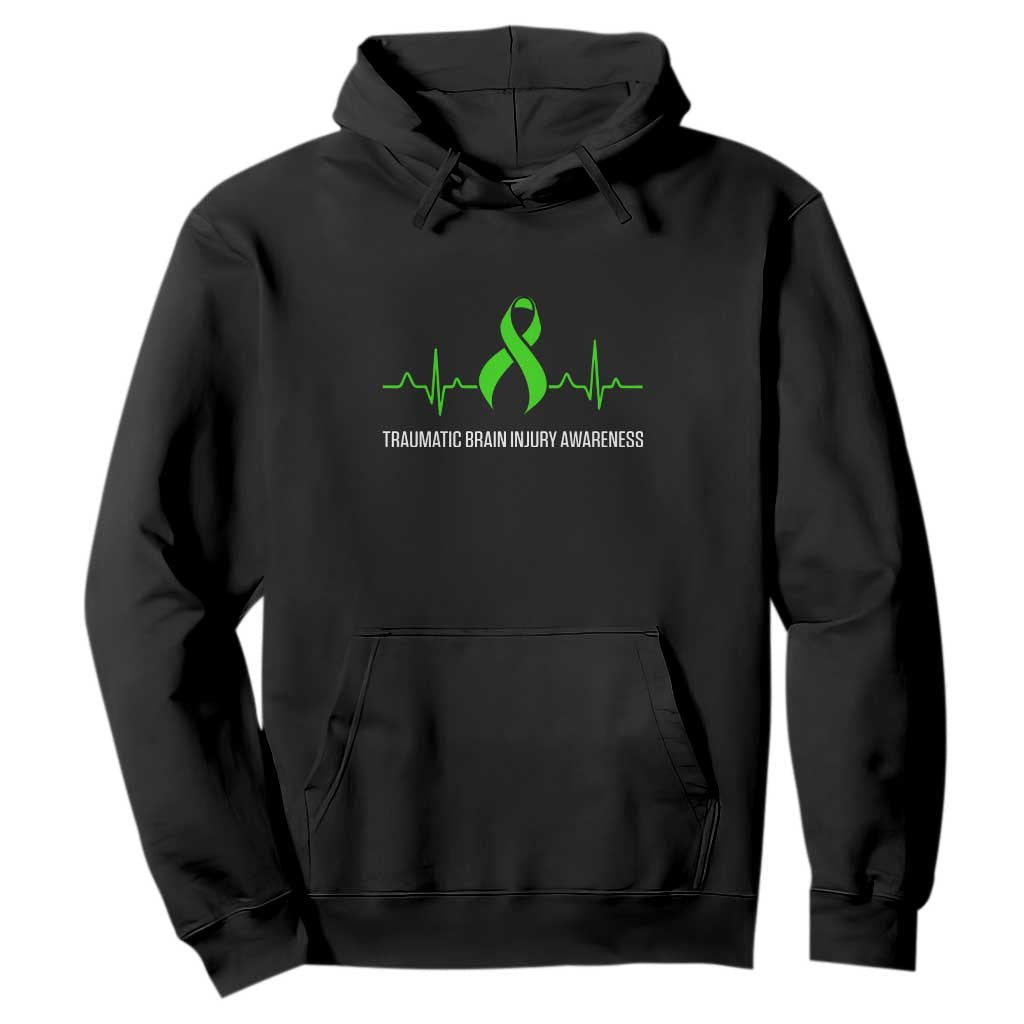 Traumatic Brain Injury Awareness Hoodie TBI Warrior Heartbeat Green Ribbon TS02 Black Print Your Wear