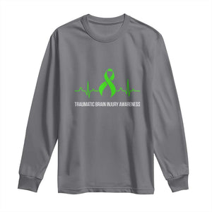 Traumatic Brain Injury Awareness Long Sleeve Shirt TBI Warrior Heartbeat Green Ribbon TS02 Charcoal Print Your Wear
