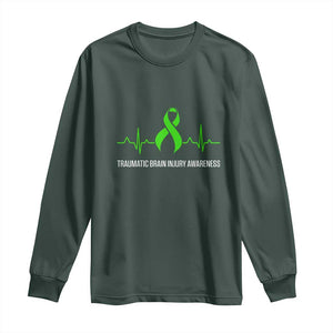Traumatic Brain Injury Awareness Long Sleeve Shirt TBI Warrior Heartbeat Green Ribbon TS02 Dark Forest Green Print Your Wear