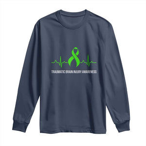 Traumatic Brain Injury Awareness Long Sleeve Shirt TBI Warrior Heartbeat Green Ribbon TS02 Navy Print Your Wear