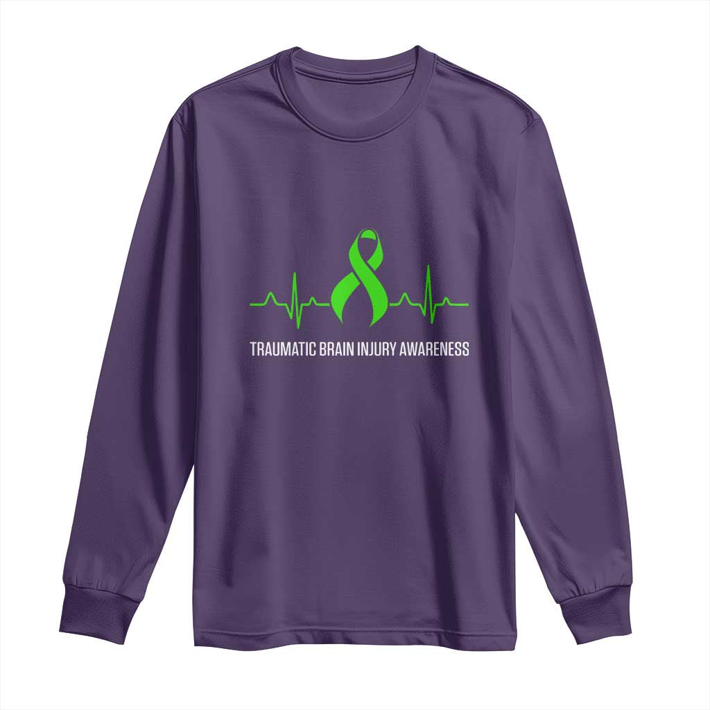 Traumatic Brain Injury Awareness Long Sleeve Shirt TBI Warrior Heartbeat Green Ribbon TS02 Purple Print Your Wear