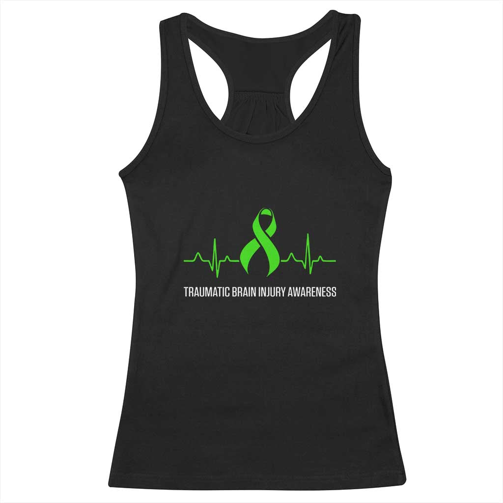 Traumatic Brain Injury Awareness Racerback Tank Top TBI Warrior Heartbeat Green Ribbon TS02 Black Print Your Wear