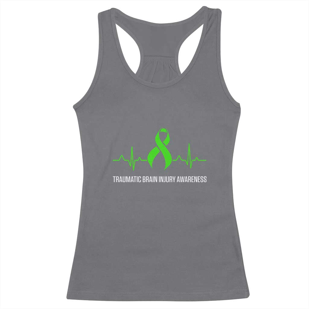 Traumatic Brain Injury Awareness Racerback Tank Top TBI Warrior Heartbeat Green Ribbon TS02 Charcoal Print Your Wear