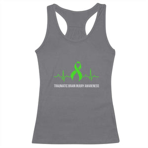 Traumatic Brain Injury Awareness Racerback Tank Top TBI Warrior Heartbeat Green Ribbon TS02 Charcoal Print Your Wear