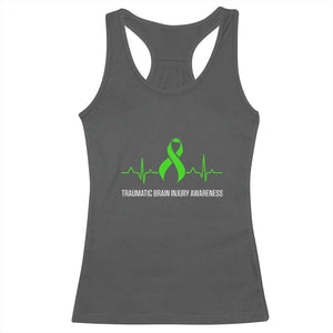 Traumatic Brain Injury Awareness Racerback Tank Top TBI Warrior Heartbeat Green Ribbon TS02 Dark Heather Print Your Wear