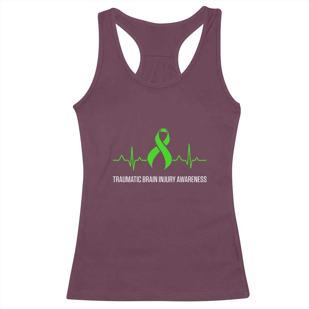 Traumatic Brain Injury Awareness Racerback Tank Top TBI Warrior Heartbeat Green Ribbon TS02 Maroon Print Your Wear