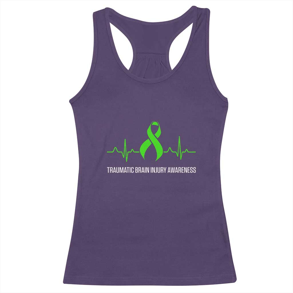 Traumatic Brain Injury Awareness Racerback Tank Top TBI Warrior Heartbeat Green Ribbon TS02 Purple Print Your Wear