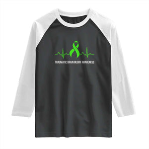 Traumatic Brain Injury Awareness Raglan Shirt TBI Warrior Heartbeat Green Ribbon TS02 Black White Print Your Wear