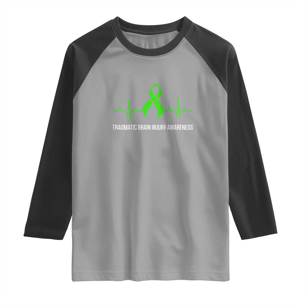 Traumatic Brain Injury Awareness Raglan Shirt TBI Warrior Heartbeat Green Ribbon TS02 Sport Gray Black Print Your Wear